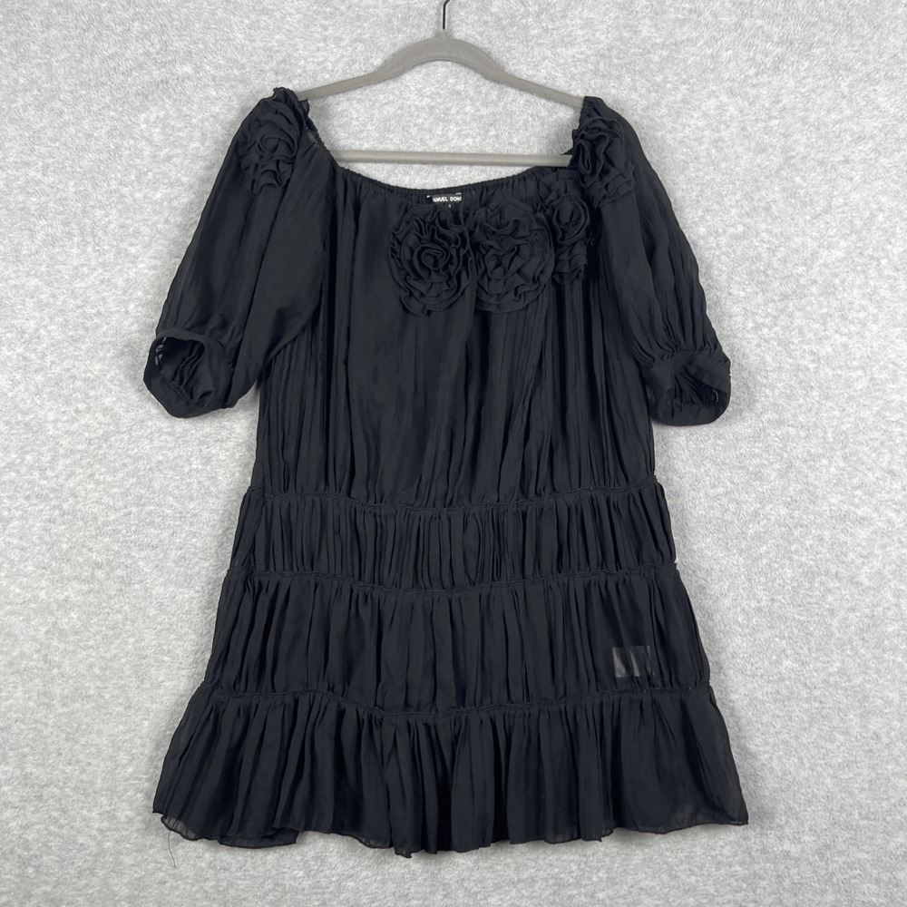 Samuel Dong Black Sheer Tiered Rosette Dress Womens Size S Avant Garde